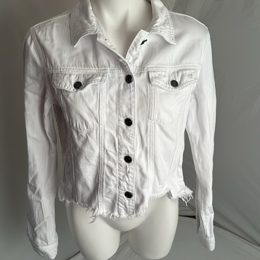 Hidden white denim jacket with silver flip sequin detail on back